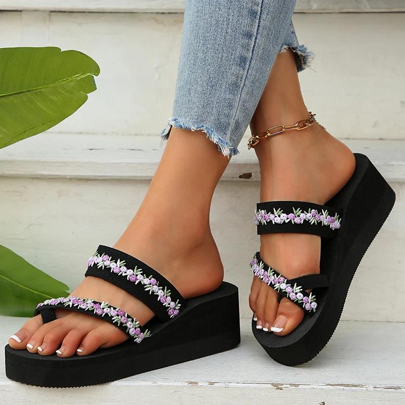 Fashion 2025 Thick Bottom Clip Toe Slippers for Women Fashion Floral Fabric Wedge Sandals Woman Summer Eva Wear-Resistant Slides Female