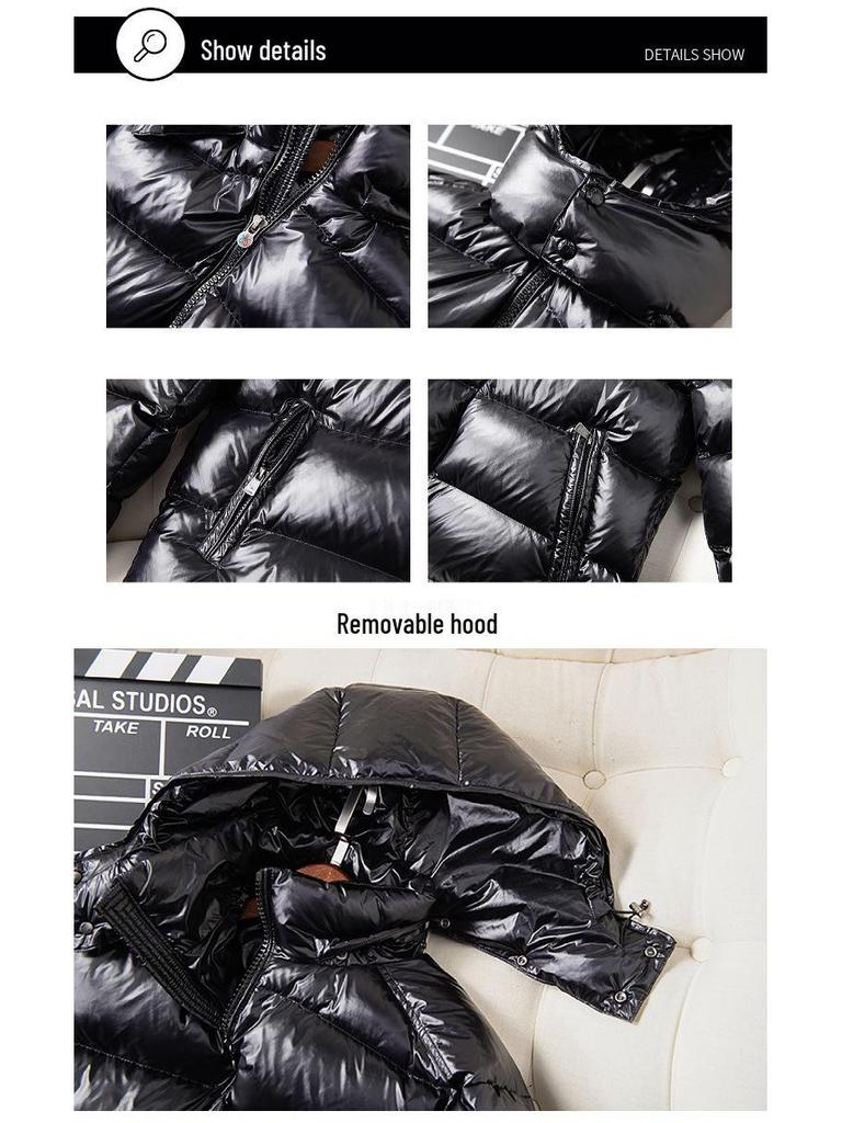 Stylowa Unisex Błyszcząca Kurtka Zimowa z Odpinanym Kapturem na Ekstremalne Zimno 90% Puchu Białej Kaczki