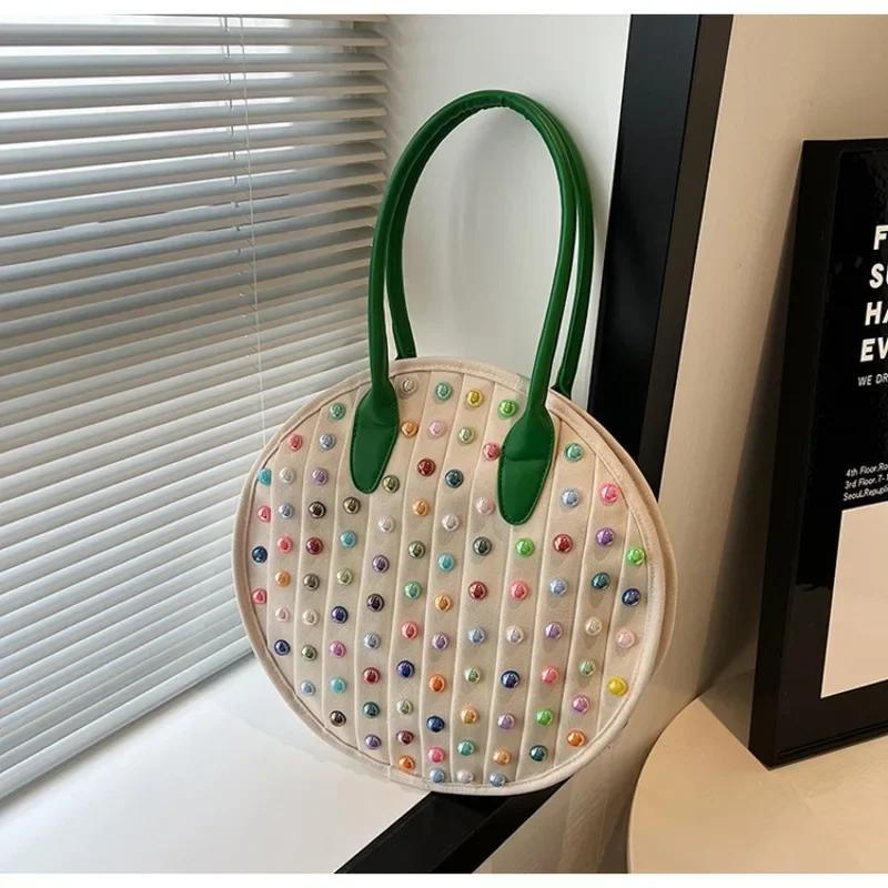 Colorful Rivet Canvas Circular Shoulder Bag Large Capacity Unique Design Casual Tote Bag for Women Fashion 4 New Style