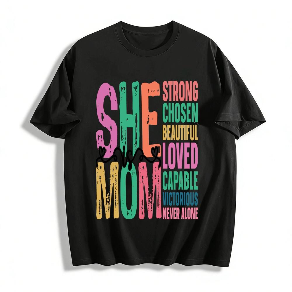 

She Is Mom Letter Print Casual Tee Empowering Mom Graphic Top Pure cotton T-shirt XXS
