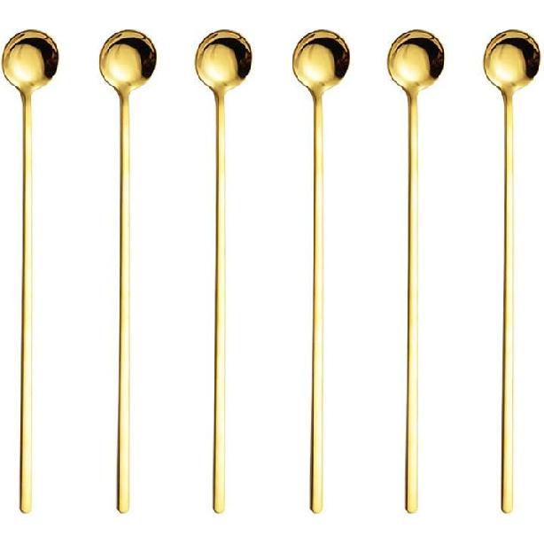 Stainless Steel Long Handle Mixing Spoons - 9.45-Inch, 6PCS (Silver) - Iced Tea, Coffee, Ice Cream, Cocktail Stirring Spoons