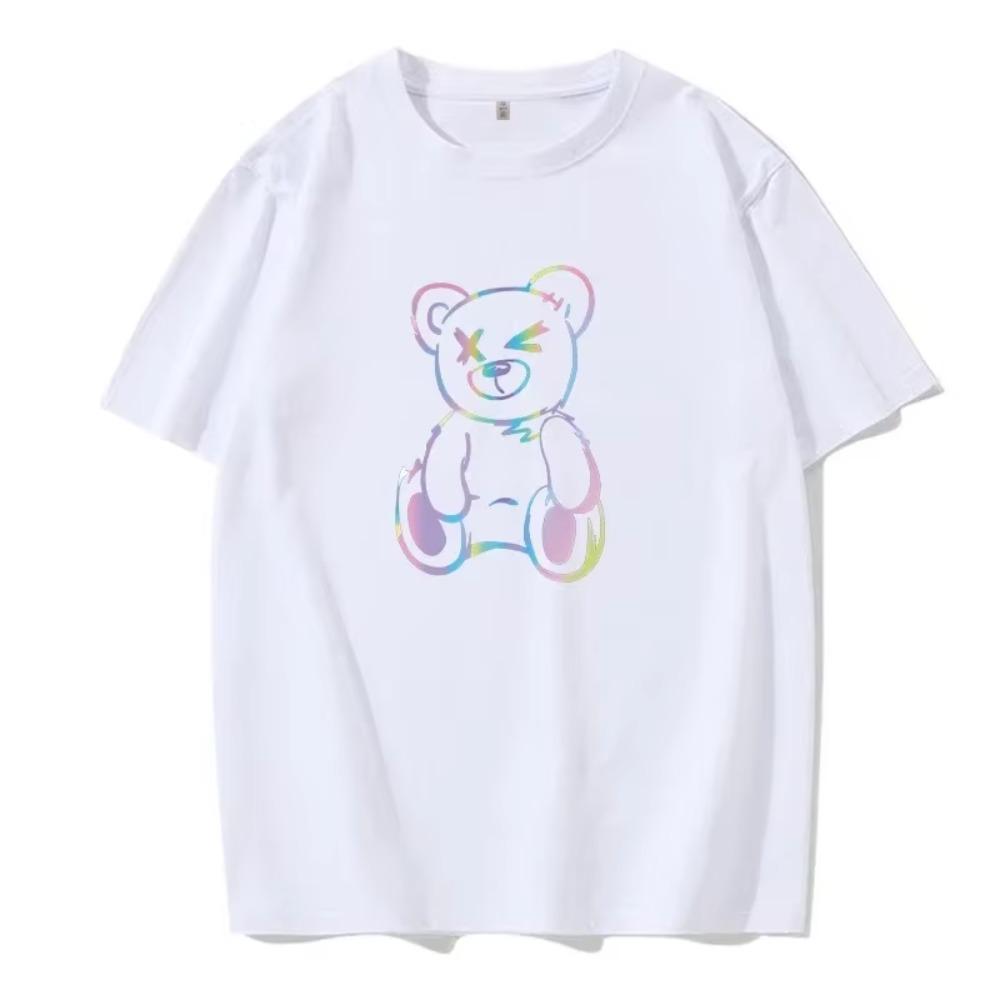Men's Summer Comfortable and Breathable Short Sleeved Colorful Bear Print Trend Casual Hip-hop Fashion Street Style T-shirt