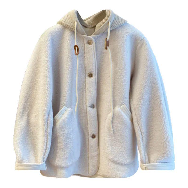 Women's 2025 Patchwork Lamb Wool Hooded Sweatshirt – Fleece-Lined and Loose Fit for Autumn/Winter