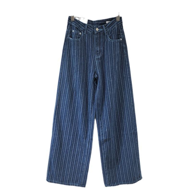 Women's High Waist Washed Striped Loose Straight Wide Leg Vintage Casual Denim Pants Summer Fashion