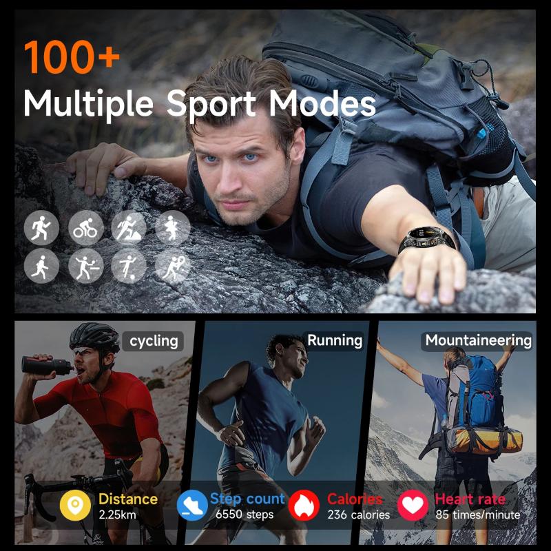 2025 Ny Militærutgave Smartklokke Menn 1000mAh Batteri 1,7-tommers AMOLED HD-skjerm Bluetooth-anrop Klokke Smartklokke LED-lommelykt