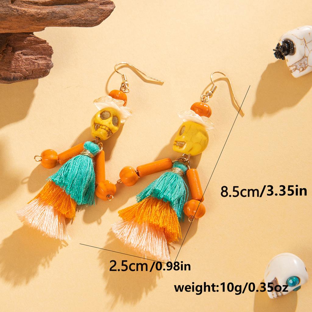 Funny Ethnic Flower Skull Drop Earrings for Women Creative Gothic Punk Long Tassel Earring Halloween Party Festival Jewelry Gift