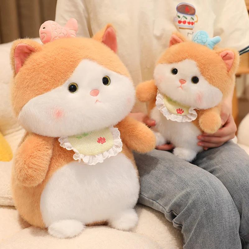 Lovely Cat With Fish Plush Toy Stuffed Fluffy Yellow Cat Kawaii Cat Soft Doll Toys For Children Birthday Gift Room Decor