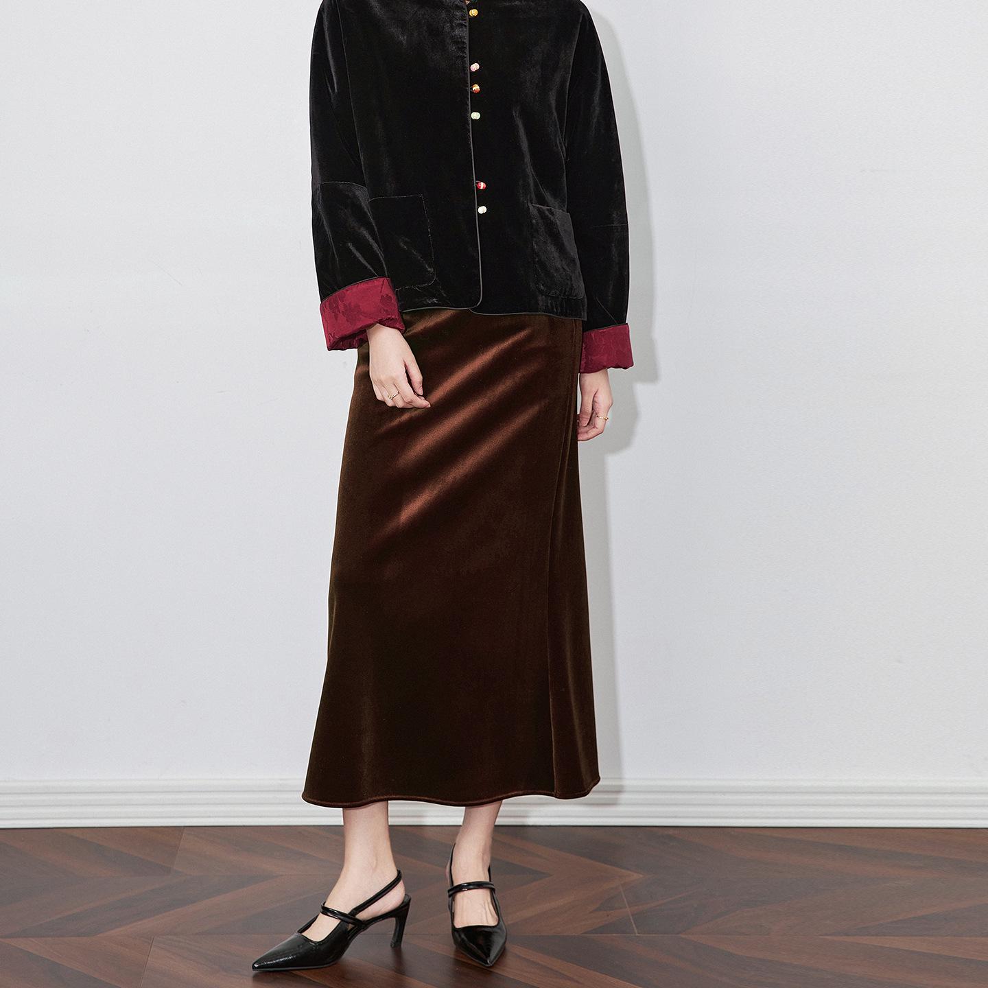 Elegant Velvet Fishtail Skirt - Women s Winter Slimming Pleated Style L кофейный