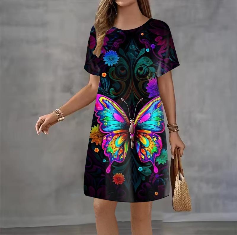Fashion 3D Print Summer Dress Loose Casual Short Sleeve O-Neck Mini Dress