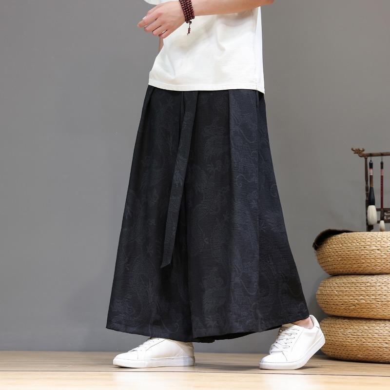 Mens Dragon Pattern Chinese Style Tang Suit Wide Leg Plus Size Casual Skirt Pants M