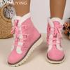 Pelzige Ballerinas Damen Schnee Stiefeletten Wildleder Schnürschuhe Freizeitschuhe Kurzer Plüsch Baumwollstiefel 2025 Trend Winter Warm Rutschfest Botas Mujer