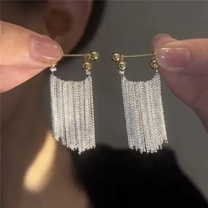 Charm Sparkling Galaxy Falls Long Tassel Drop Dangle Earrings for Women Exaggerate Stainless Steel Chain Hoop Earring Jewelry