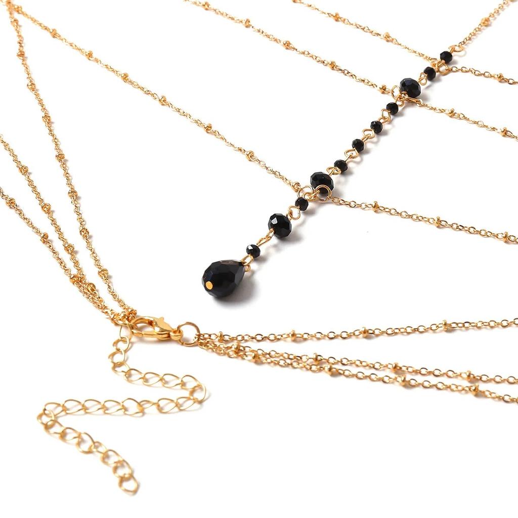 New Women Sexy Fashion Black Bead Chest Chain Body Jewelry Trend Punk Metal Tassel Waist Belly Chain Strap Decorate Street Style