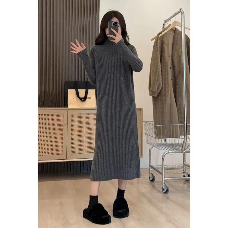 Women's Autumn and Winter Solid Colour Long High Neck Knitted Sweater Dresses