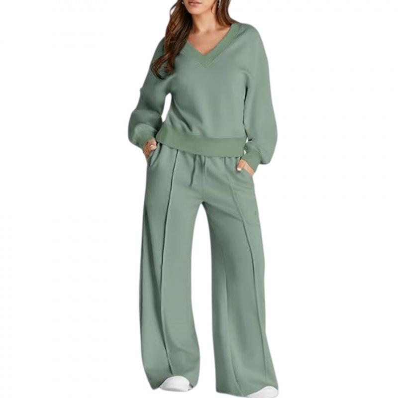 Conjunto Casual de Sudadera de Color Sólido con Cuello en V y Pantalones Largos para Mujer Otoño/Invierno 2025 - Moda Europea/Americana