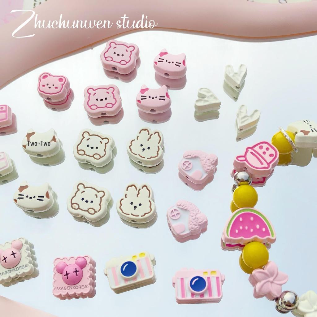 Pink White Bunny Bear Camera Cat Alloy Beaded Charm Bracelet/Necklace Accessories