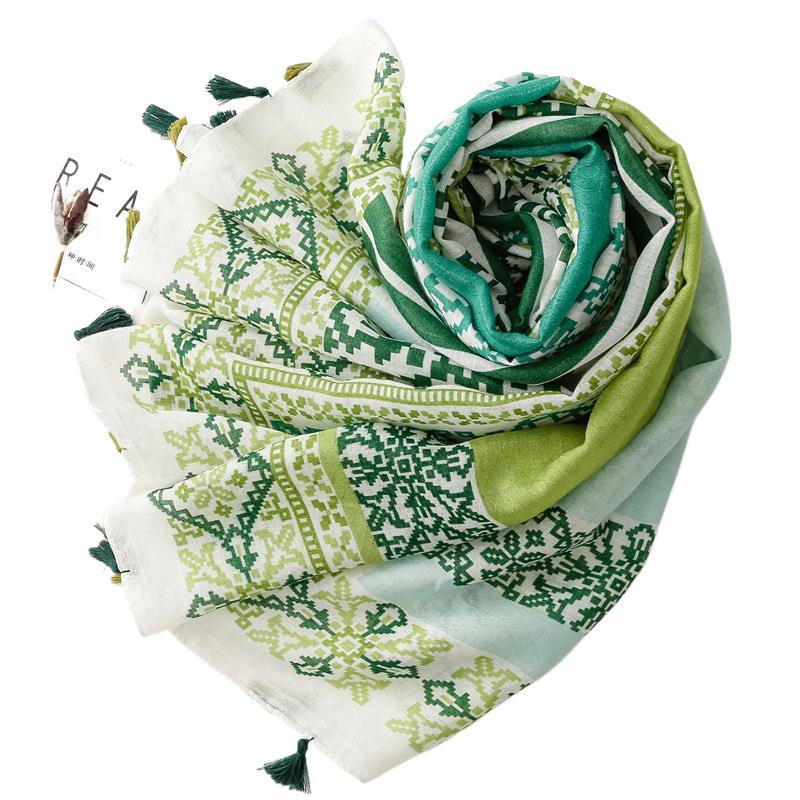 Tourist Sunscreen Shawl Bohemian Green Geometric Vacation Photography Cotton And Hemp Texture Scarf With Silver Thread