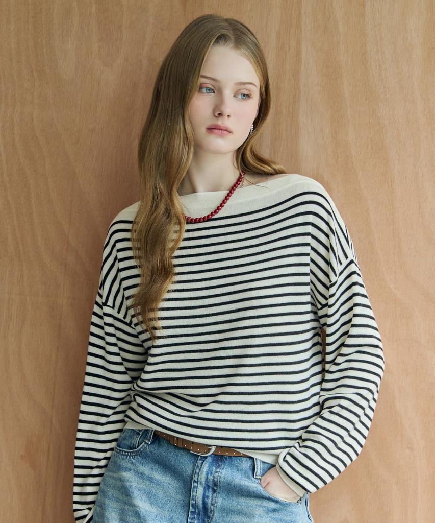 MAXZA Classic Striped Boat Neck Wool Blend Knit