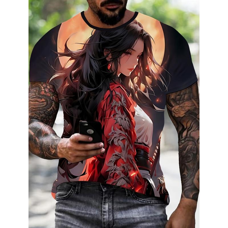 Мужская повседневная футболка с короткими рукавами повседневный принт крутая женская воительница материал из полиэфирного волокна круглый вырез дышащая и мягкая 5XL 980₽