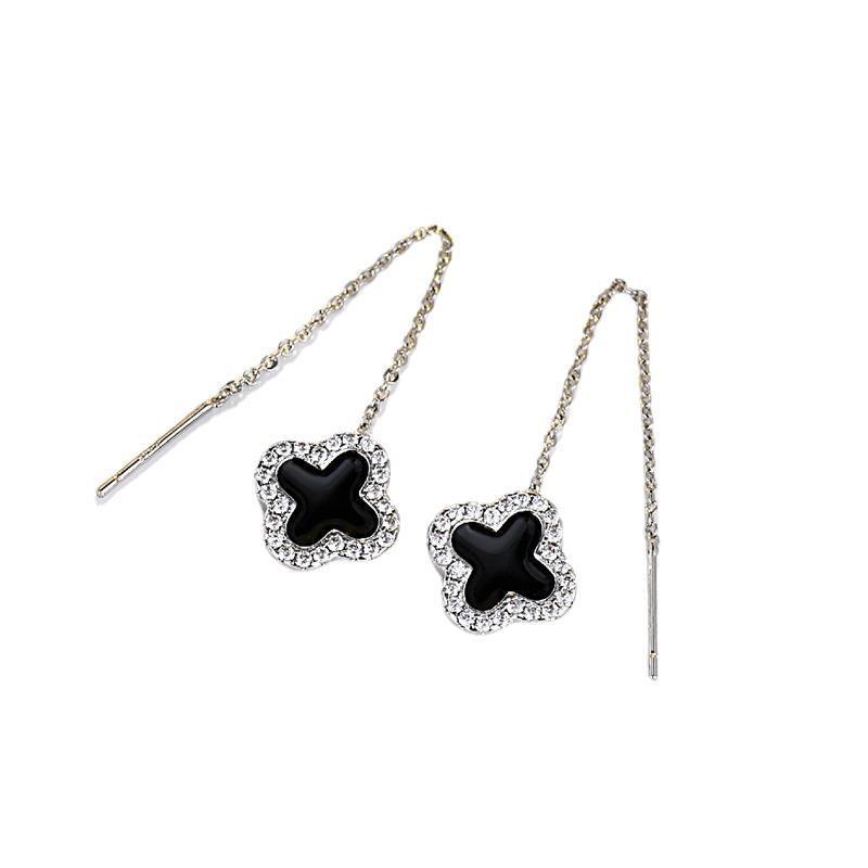 Einfache Kleine Micro-Eingelegte Schwarze Vierblättrige Klee Fadenohrringe Modischer Damenschmuck