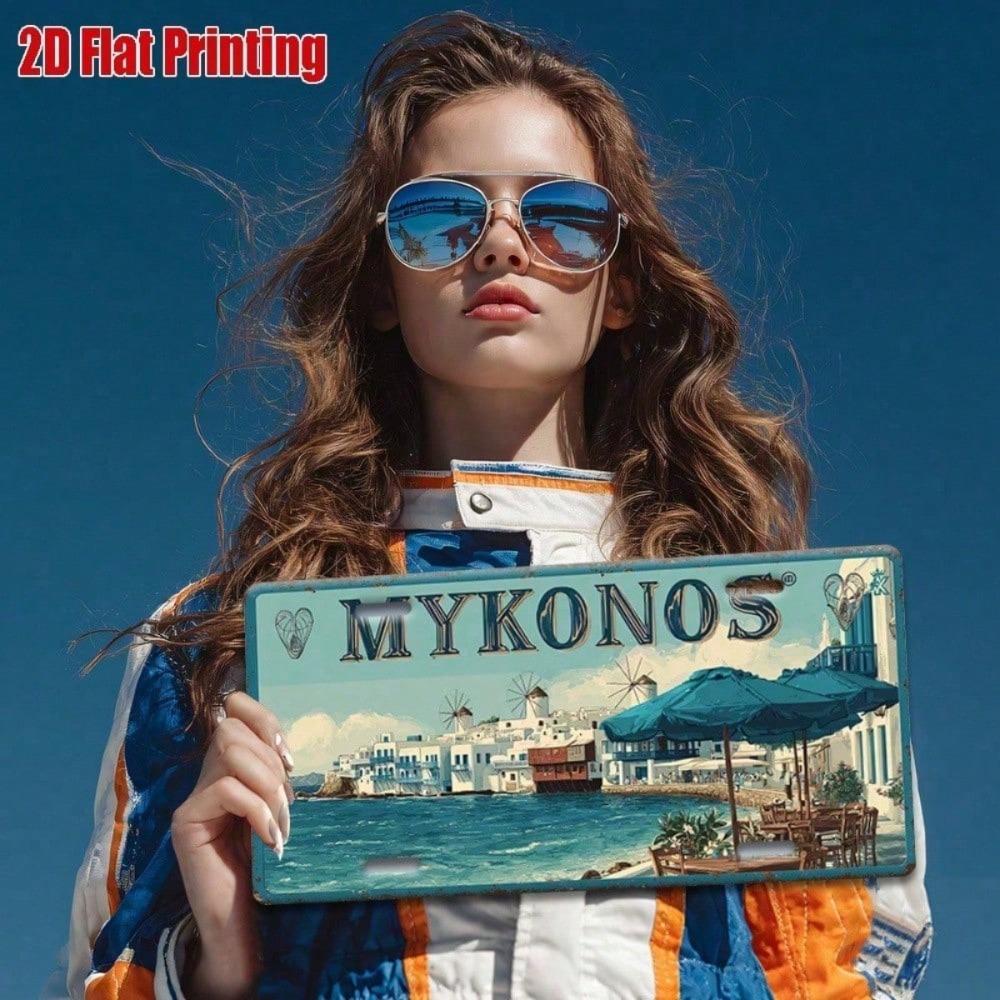 Vintage Mykonos Metal License Plate 12x6 In, Greek Windmill Seaside Aluminum Sign, Rustic Wall Art