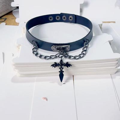 Y2K Dark Punk Schwarzes Leder Choker Halskette mit Teufel Engel Kreuz Kette