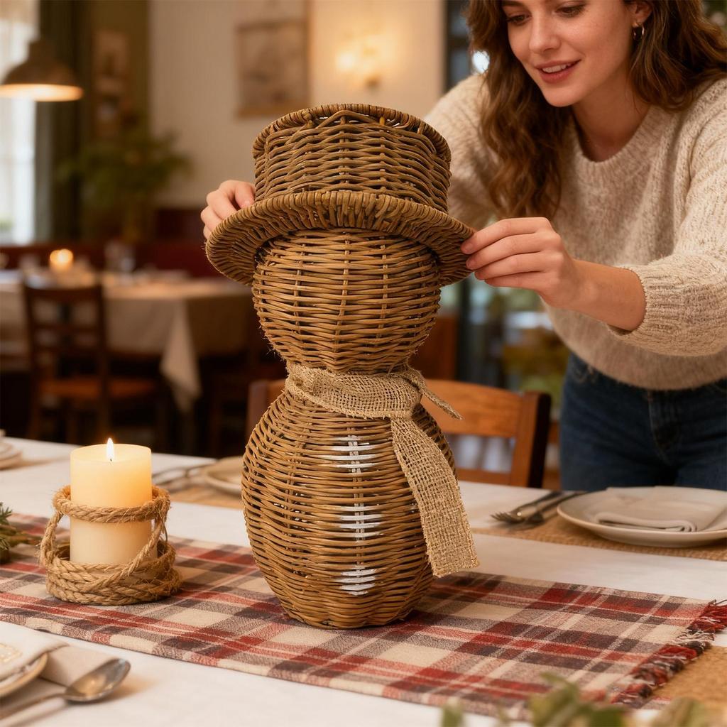 Christmas Snowman Faux Rattan Table Centerpieces Winter Rustic Snowman Figurines with Hat for Indoor Outdoor Bedroom Living Room