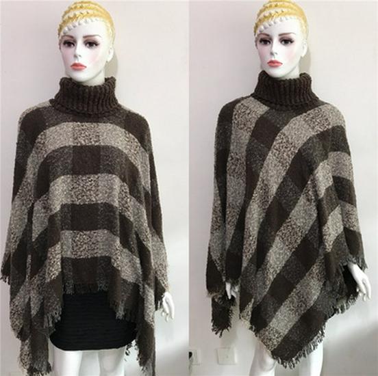 European and American High Neck Plaid Cape - Batwing Sleeve Knitted Pullover Shawl for Women