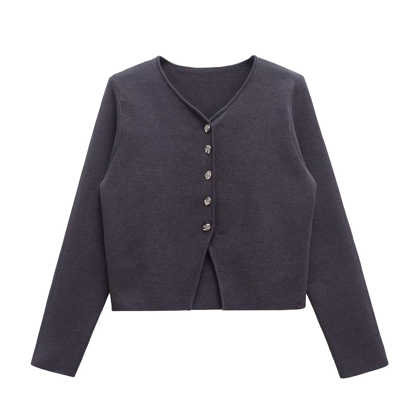 

Spring 2025 Women s Fashion Slim Fit Round Neck Knit Cardigan S темно-серого