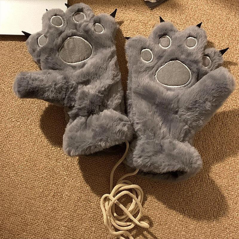 Cute Cartoon Bear & Cat Paw Plush Winter Gloves for Women and Students - Fleece Lined, Neck Hanging, Cold-Proof, Trendy for Cycling