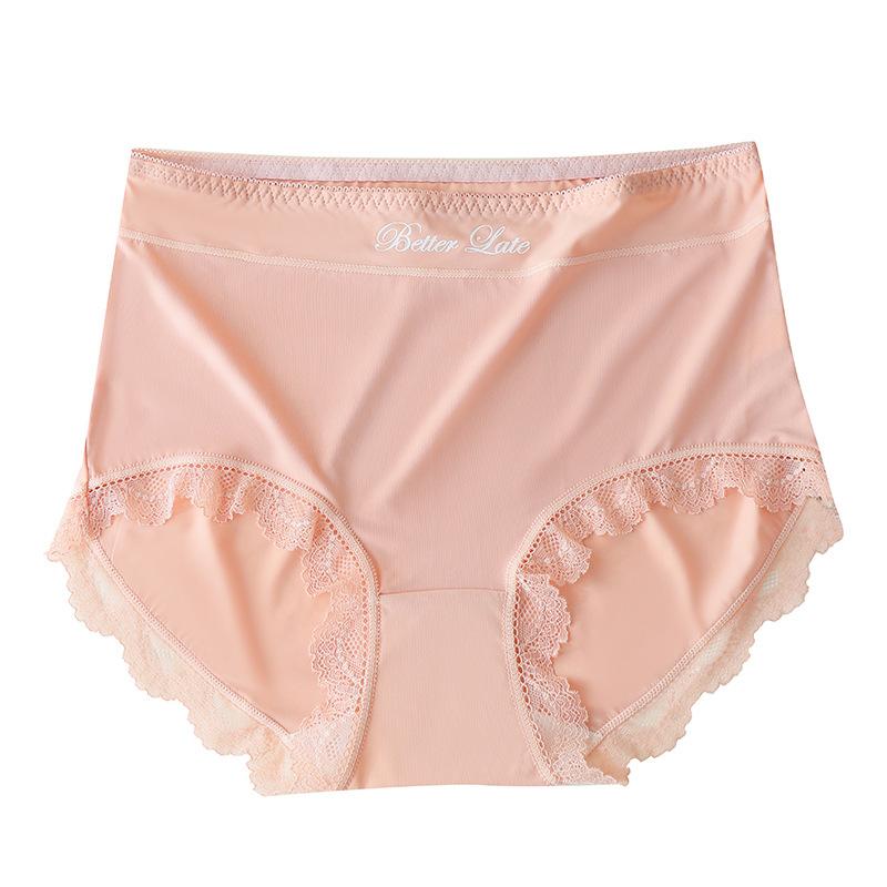 Ladies Summer Light and Thin Pure Lace No Trace Ice Silk Pure Cotton Crotch Breathable High Waist Close Belly Flat Angle Briefs