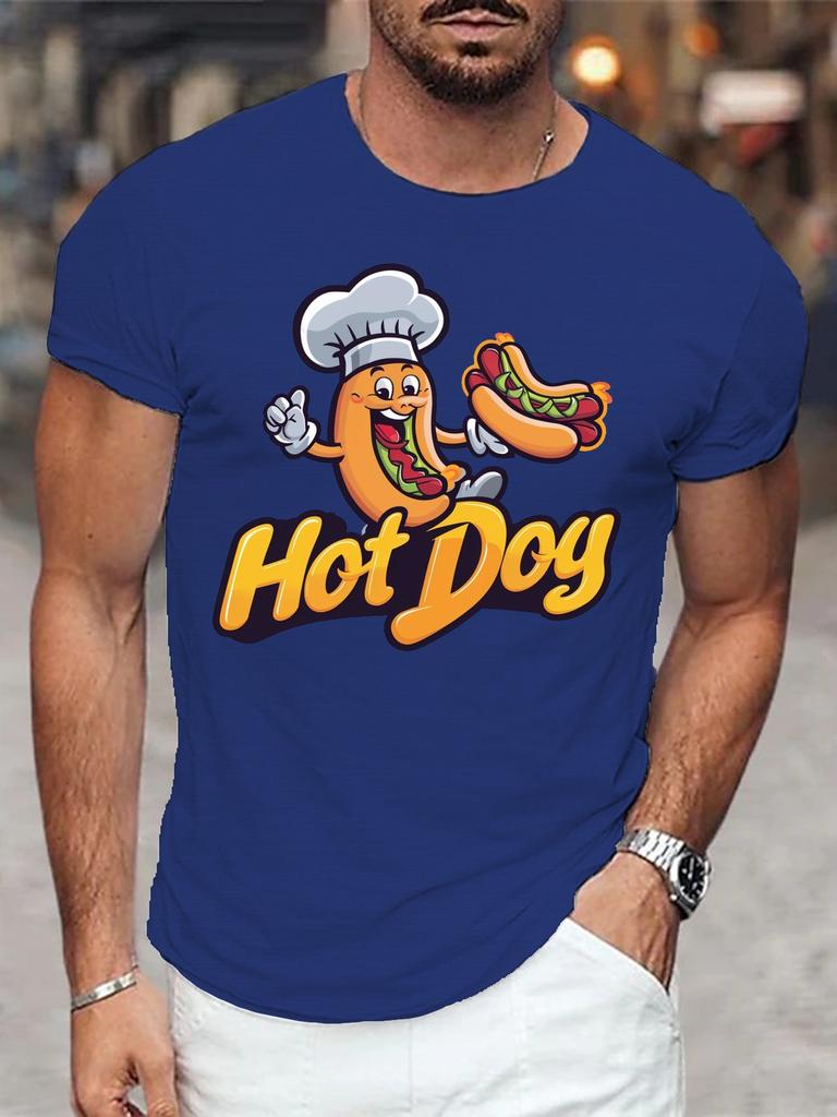 Cartoon Chef Hot Dog Character Letter Graphic Unisexs Cotton Crew Neck Tee Short Sleeve Loose Casual Daily Street Male Wear Top