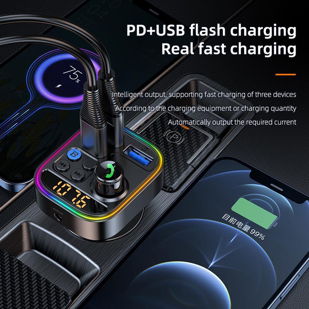 V5.3 FM Transmitter Car Adapter, Type-C PD30W And Dual USB QC 3.0 Ports Car Charger, Hands Free Calling, Wireless Radio MP3 Player Stereo Music Audio