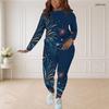 Women Plus Size Two Piece Set Round Neck Long Sleeve Firework Printed Navy Blue Fitted Pants