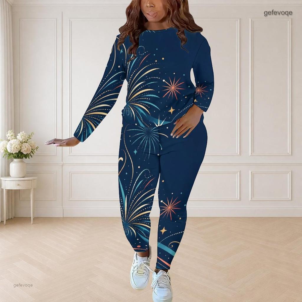 Women Plus Size Two Piece Set Round Neck Long Sleeve Firework Printed Navy Blue Fitted Pants