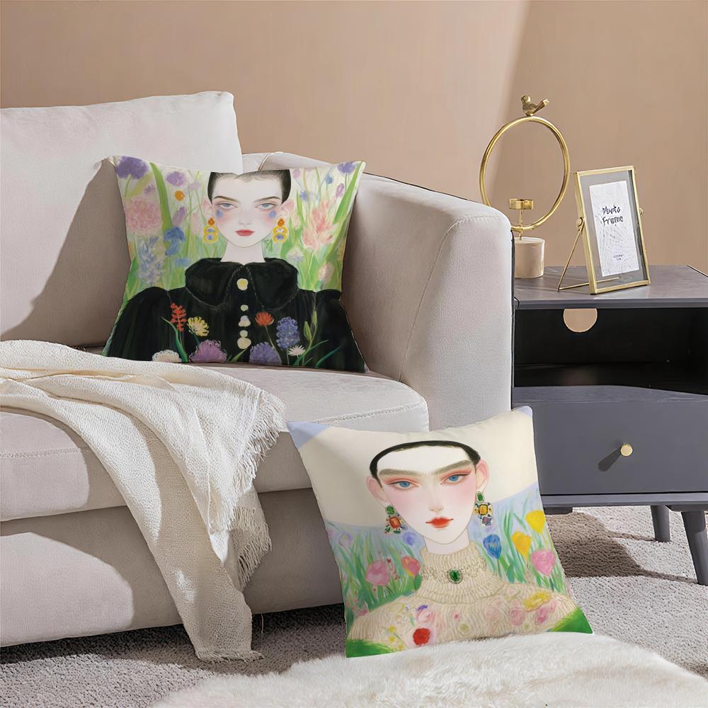 Fashion Illustration Cushion Cover Pillowcase Short Plush Invisible zipper Room Sofa Cushion Cover