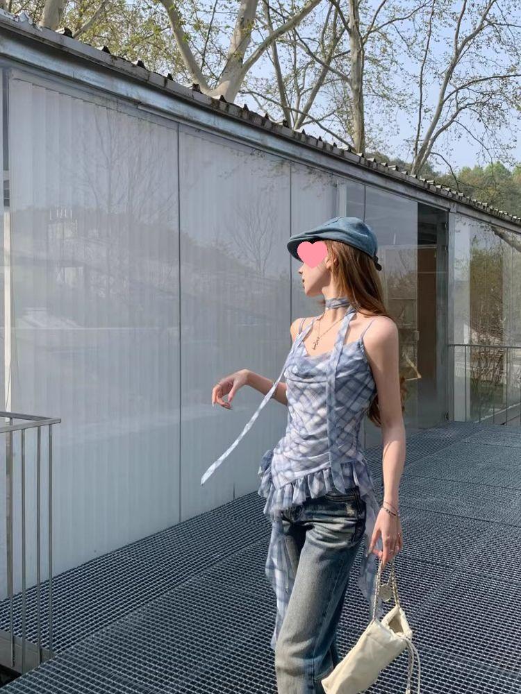 Korean Chic Plaid Camisole with Ruffles and Ribbons – Women's Sleeveless Summer Top