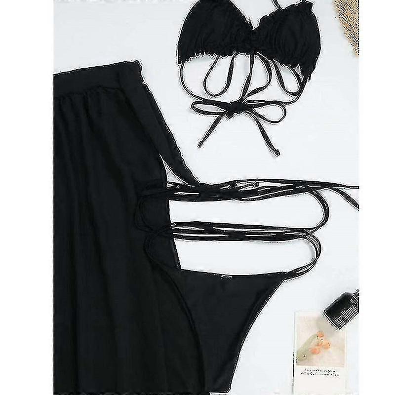 Women's Wrap Triangle Bikini Bathing Suits With Mesh Beach Skirt 3 Piece Swimsuits - Ri