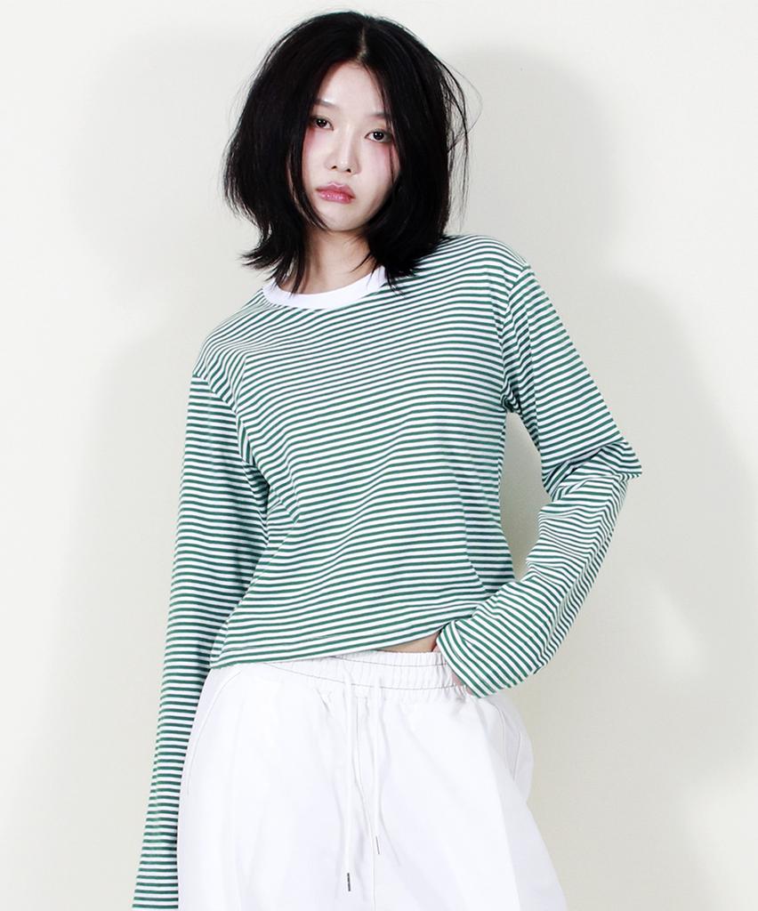 Deumakeu Striped Semi-Crop Long Sleeve T-Shirt Green