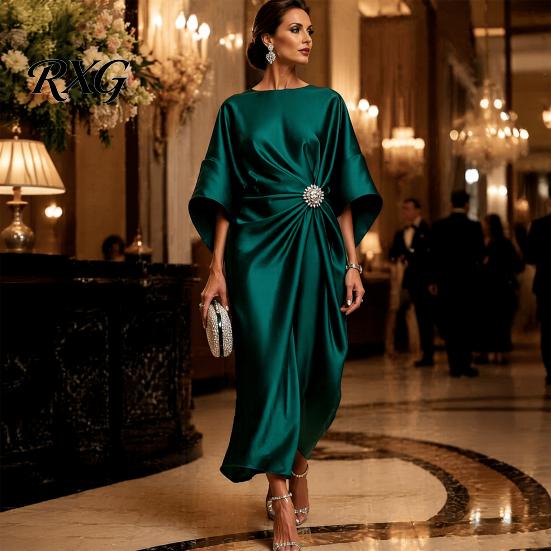 Wygodna Luźna Sukienka Damska Satynowa z Rękawami nietoperzowymi Maxi, Akcent z Cyrkoniami Okrągły Dekolt Elegancka Jednolity Kolor Wieczorowa Impreza Linia A Formalna