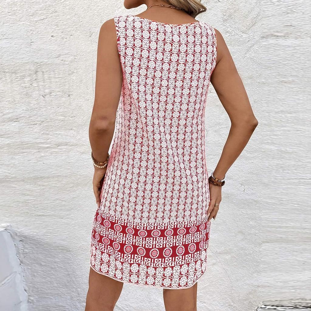 Women's Summer Retro Round Neck Sleeveless Loose Printed Vest Dress