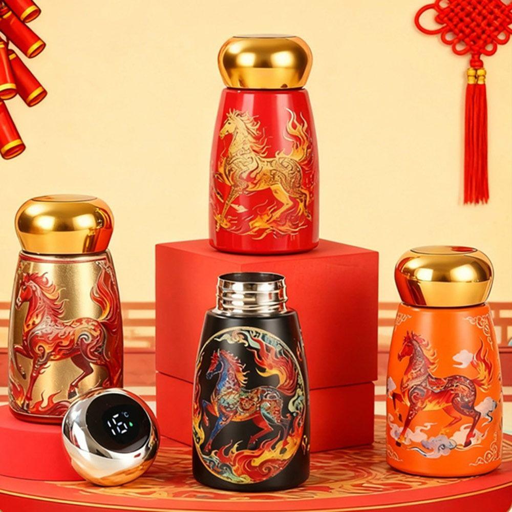 304 Stainless Steel Horse Year Insulated Cup 230ml Leak-Proof Coffee Mug Chinese Style Temperature Display Thermal Water Bottle