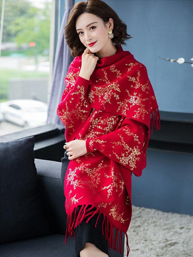 New Imitation Cashmere Knitted Elegant Women Scarf Winter Vintage Print Tassel Poncho Capa Para Mujer Pashmina Wrap Shawl Coat