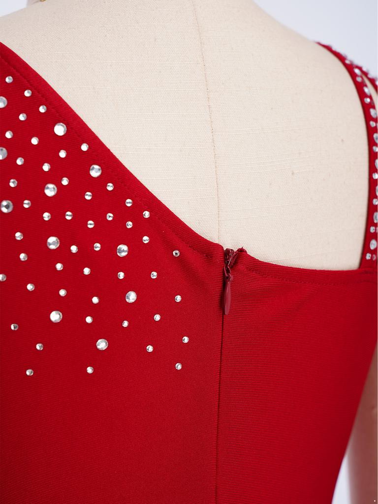Girls Figure Skating Gymnastics Jumpsuit Asymmetrical Design Back Invisible Zipper Mesh Patchwork Sparkly Rhinestones Bodysuit for Competition