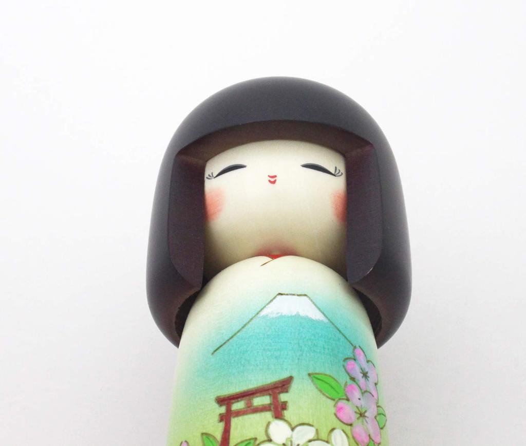 Creative Kokeshi Doll "Sunny Day in Japan" by Masayoshi Fujikawa, Winner of the Prime Minister's Award, Made in Japan, Wooden Ornament, Mount Fuji, Bl