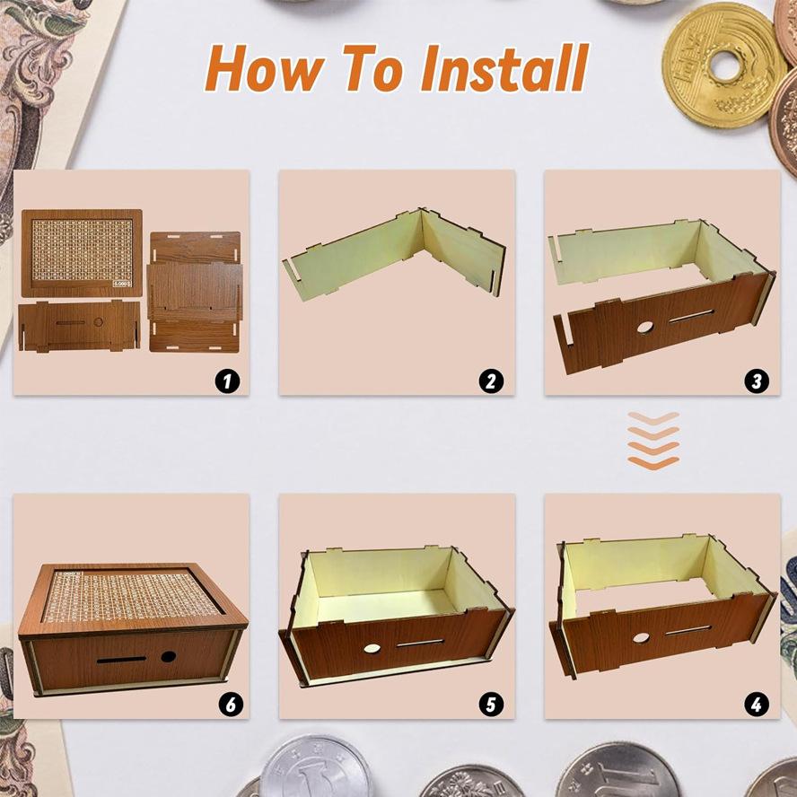 Salvadanaio in Legno Riutilizzabile Scatola Portamonete con Obiettivo di Risparmio e Numeri Contenitore Decorazione per la Casa Design Dipinto