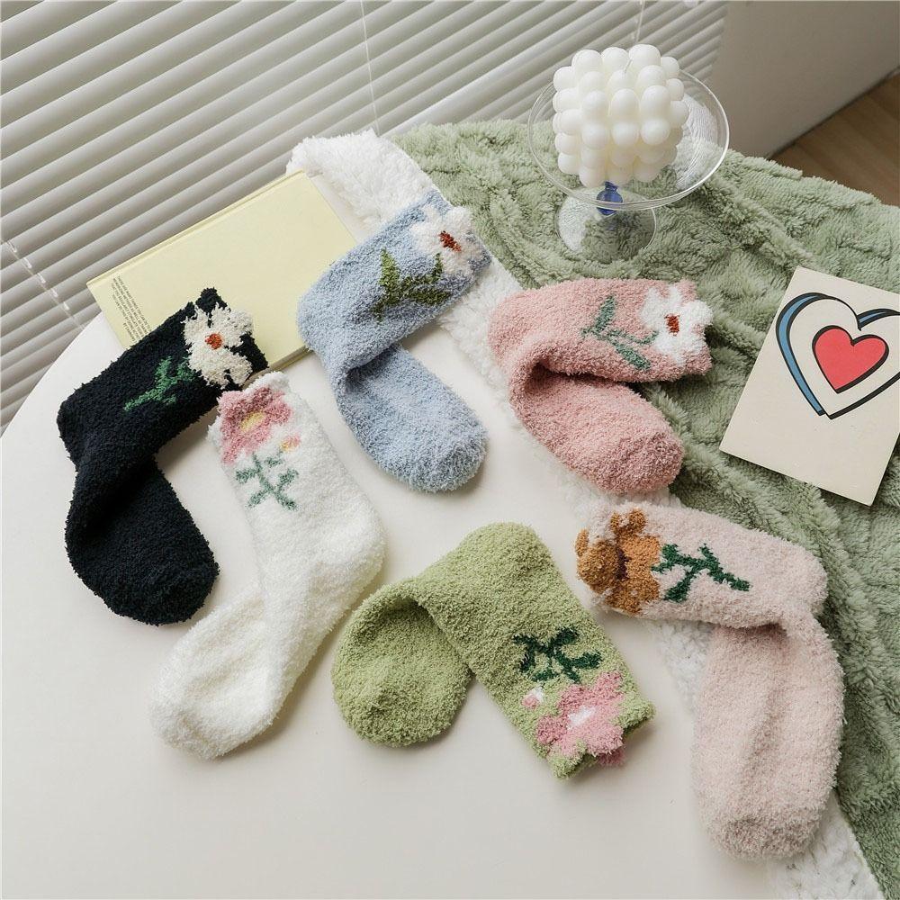 6Pairs Flower Coral Fleece Socks Thickened Warm Socks Women Soft Floor Plush Socks  Winter