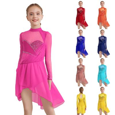 Sukienka taneczna do łyżwiarstwa figurowego dla dziewcząt z siateczką, patchwork, długi rękaw, golf, wycięcie z tyłu, błyszczące kryształki, nieregularny dół