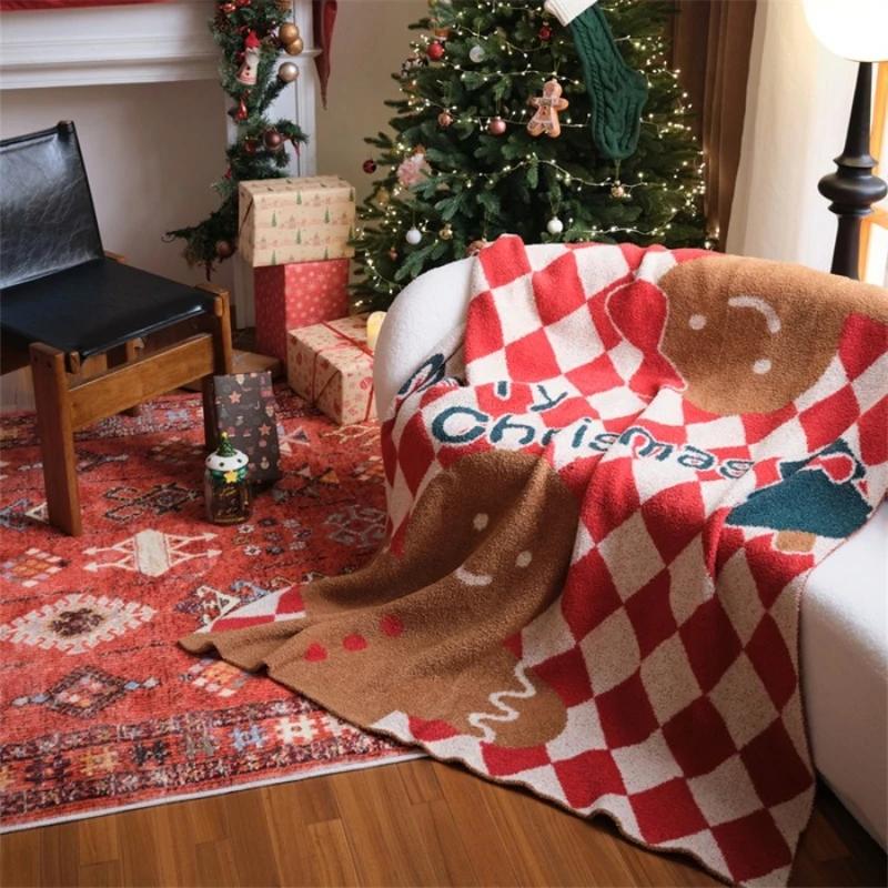 2025 New Half Fleece Sofa Blanket Christmas Atmosphere Warm Autumn Winter Holiday Decoration Gingerbread Wish Design