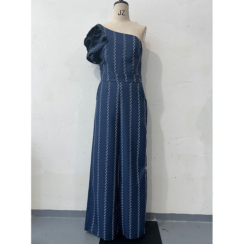 

European and American Jumpsuit Women Summer New Fashion Slimming Waist Hugging Oblique Collar off-Shoulder Wooden Ear Stripe Style Navy XXL